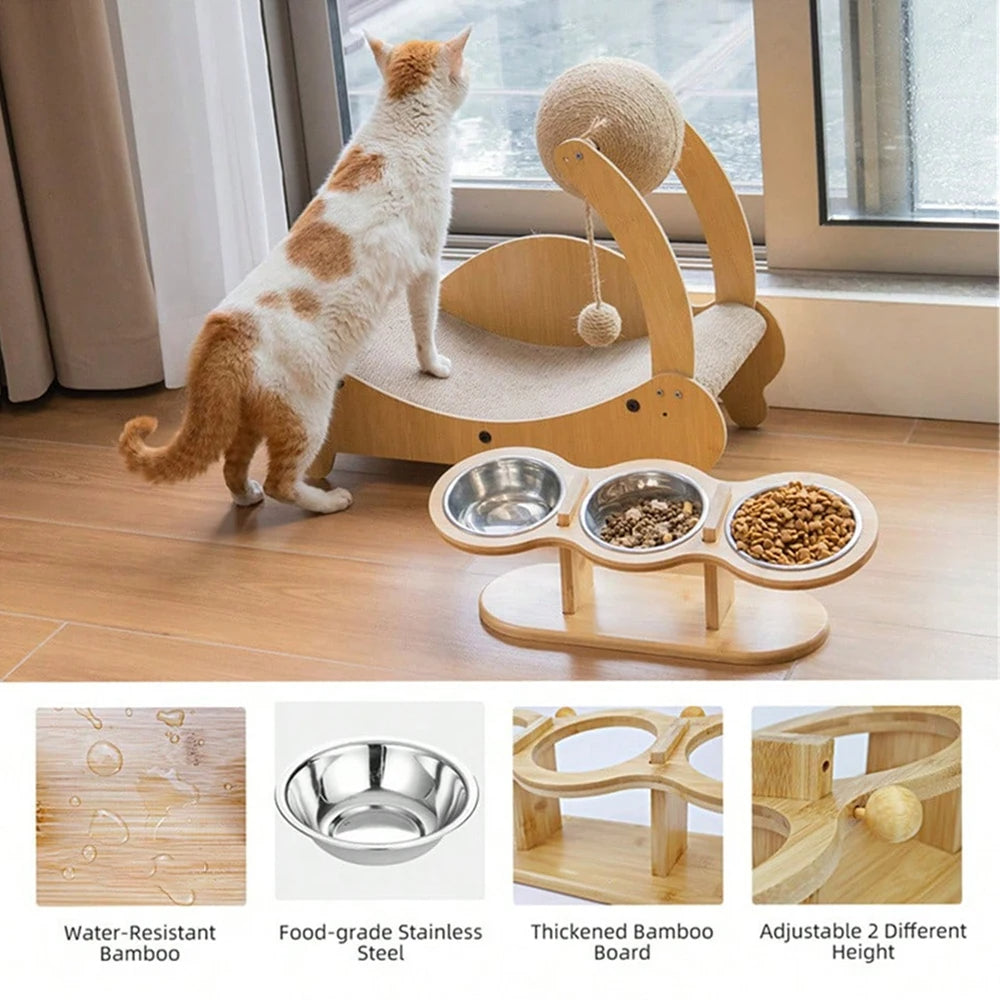 Elevated Wooden Cat Feeder with 3 Metal Food Bowls