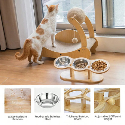 Elevated Wooden Cat Feeder with 3 Metal Food Bowls