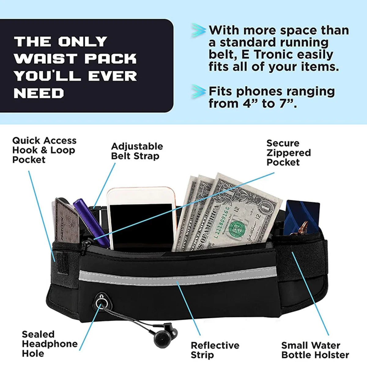 Hands-Free Running Belt with Phone Pocket & Water Bottle Holder
