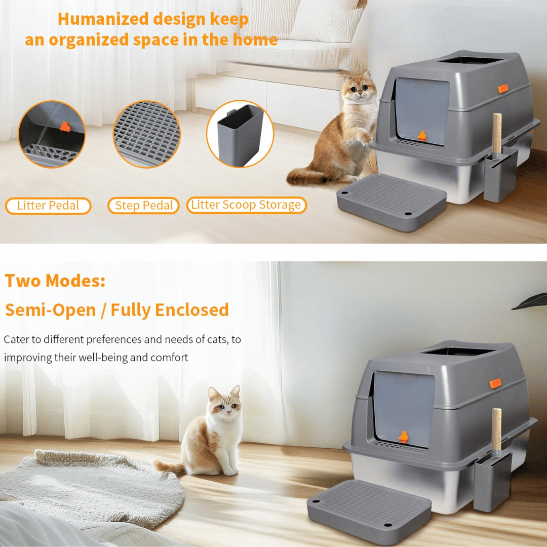 Large Covered Stainless Steel Cat Litter Box with Accessories
