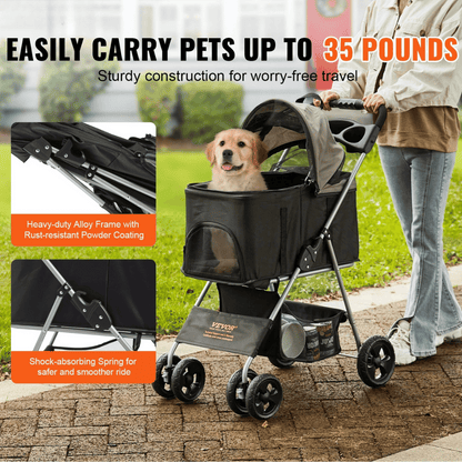 Portable Pet Stroller with Removable Storage Basket