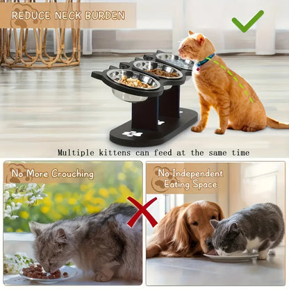 Elevated Cat Feeder with 3 Dish Stainless Steel Bowls