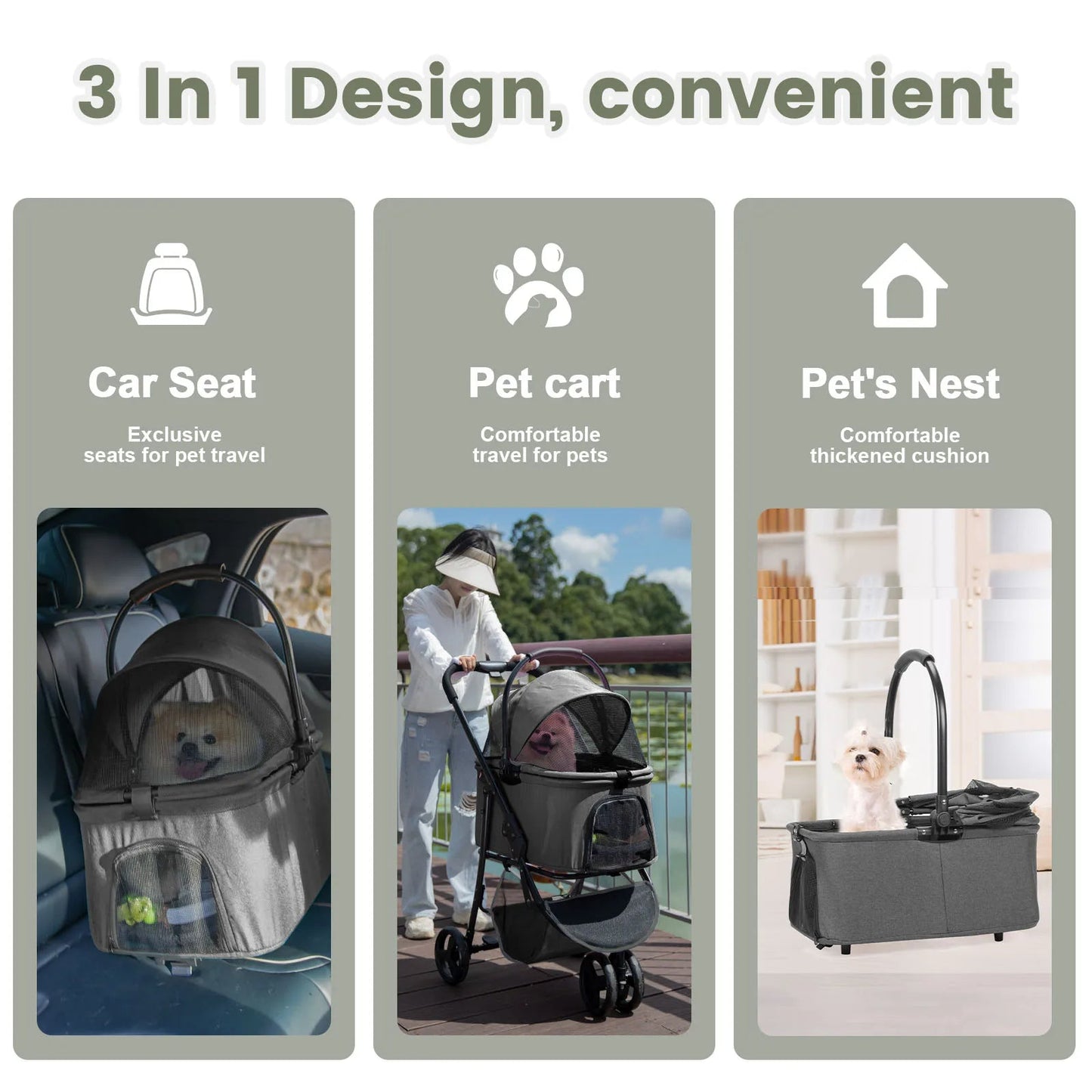 Portable Pet Stroller with Removable Carrier Bag