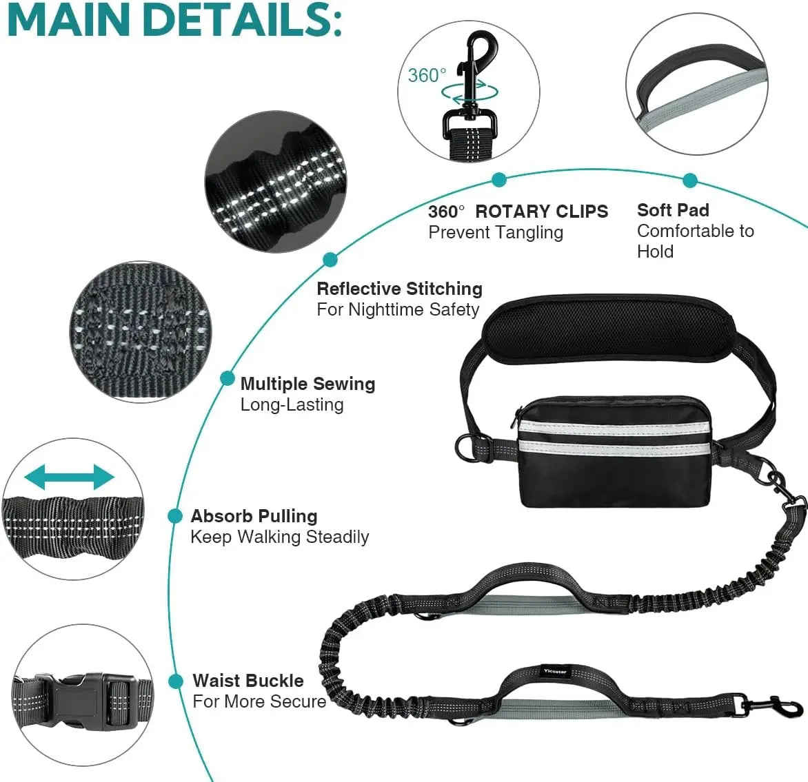 Easy Walk Dog Leash with Adjustable Bungee and Pocket