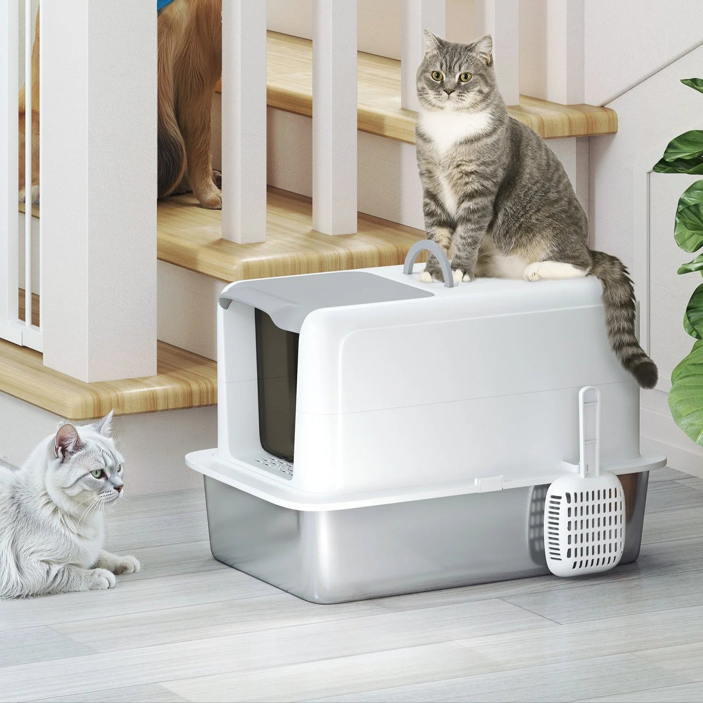 Spacious Covered Cat Litter Box with Easy Clean Tray