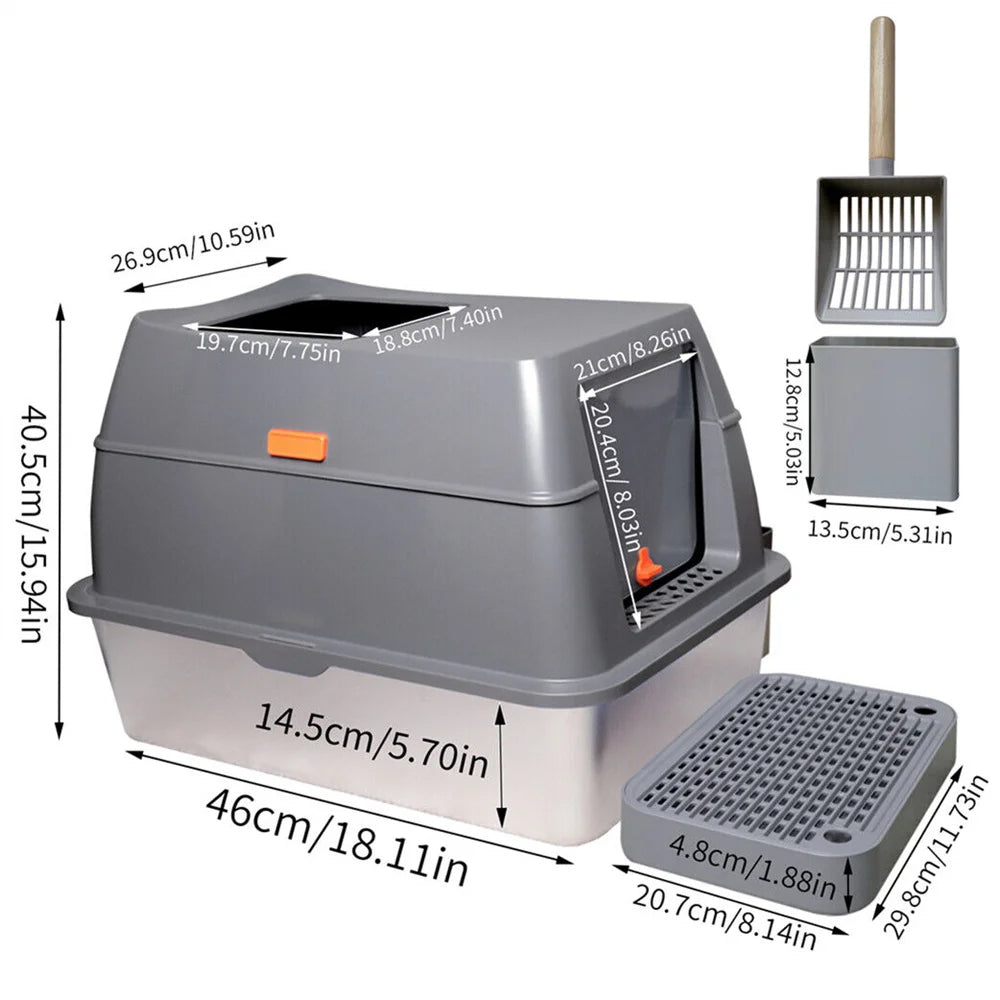 Large Covered Stainless Steel Cat Litter Box with Accessories