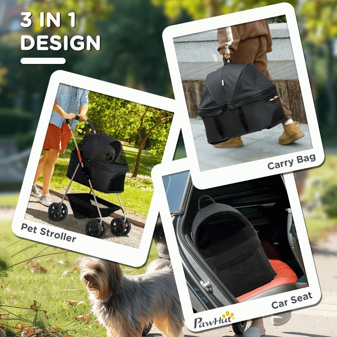 Compact Pet Stroller with Removable Basket & Storage