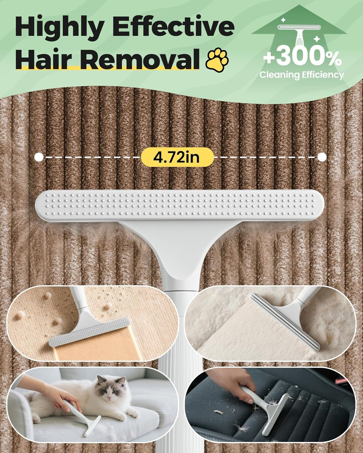4 in 1 Carpet Rake Kit for Pet Hair Removal Tool - Pet Hair Remover For Couch Floor Mat Carpet, Contain Pet Hair Removal Glove, Magic Brush, Scraper and 60" Adjustable Rubber Broom for Quick Clean