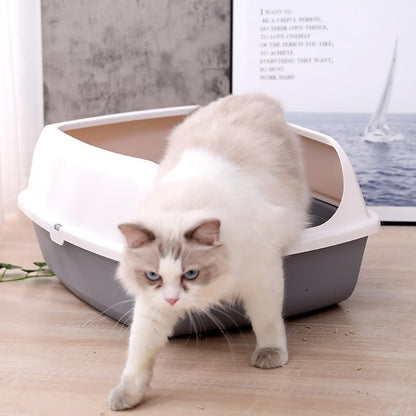 Large Cat Litter Tray Box, Plastic Open Cat Litter Box with Raised Rims and Detachable Rim, Litter Tray with Free Scoop, 57.5 x 44 x 19 cm