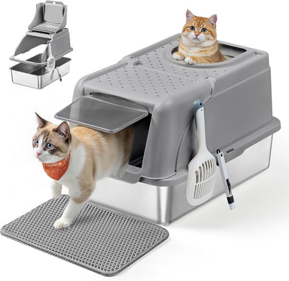 Stainless Steel Cat Litter Box with Flip Lid, XL Enclosed Litter Box with Leak-Proof Design, Scoop, Brush, Dual Entry, for Cats up to 15 kg, Cappuccino Beige PPT005K01