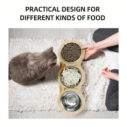 Elevated Wooden Cat Feeder with 3 Metal Food Bowls