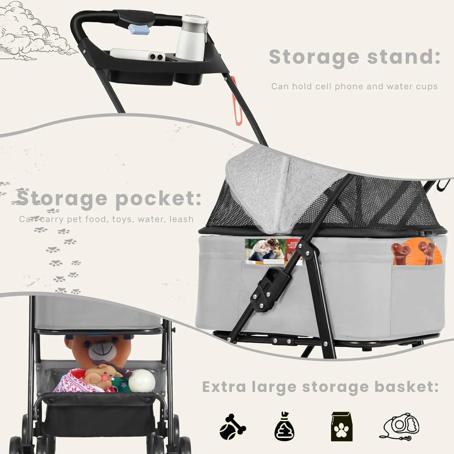 Collapsible Pet Stroller with Large Storage Basket