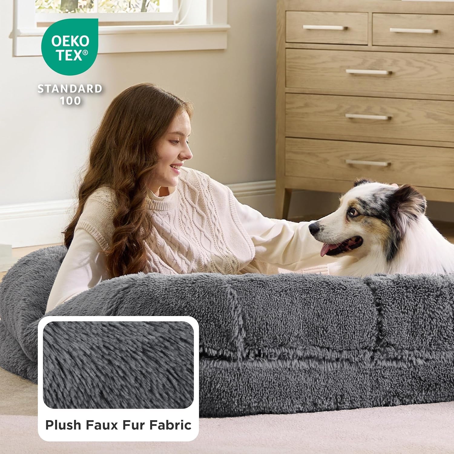 Human Dog Bed for Adults - 2 in 1 Foldable Human Sized Giant Dog Bed Fits Pet Families with Egg Foam Supportive Mat and Waterproof Liner, Faux Fur Orthopedic Dog Sofa, 180x104cm, Dark Grey