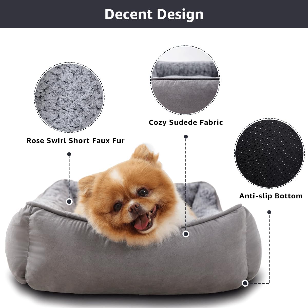 Small Dog Sofa Bed Washable, Soft Plush Calming Beds with Non-Slip Bottom - Anti-Anxiety Rectangle Puppy Mat (60 x 45 cm, Grey)