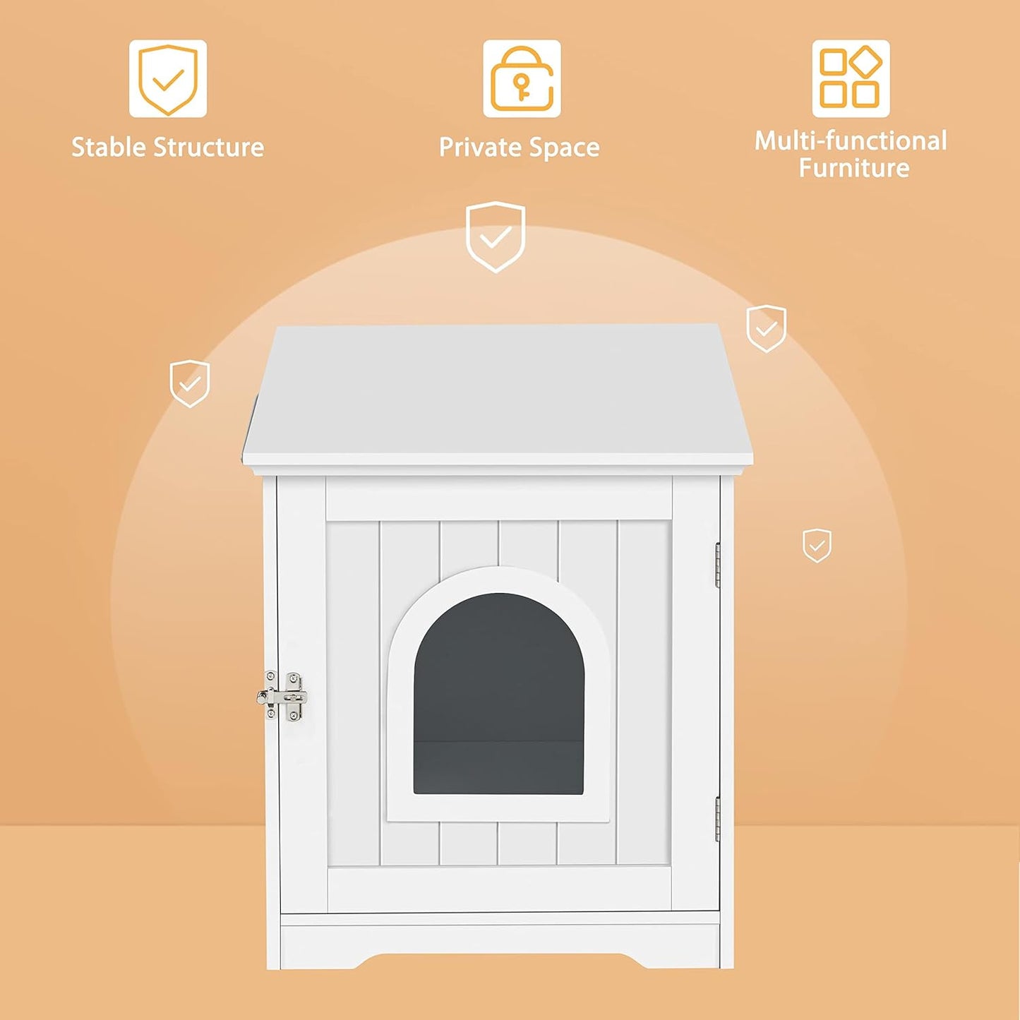 Litter Box Enclosure, Indoor Wooden Cat House for Bathroom, Bedroom & Living Room, White Washroom Litter Cabinet with Holes, Door Latch & Side Bar