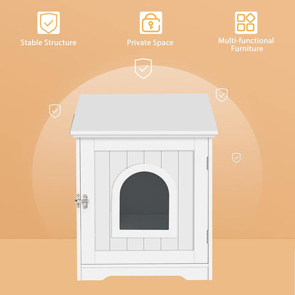 Litter Box Enclosure, Indoor Wooden Cat House for Bathroom, Bedroom & Living Room, White Washroom Litter Cabinet with Holes, Door Latch & Side Bar