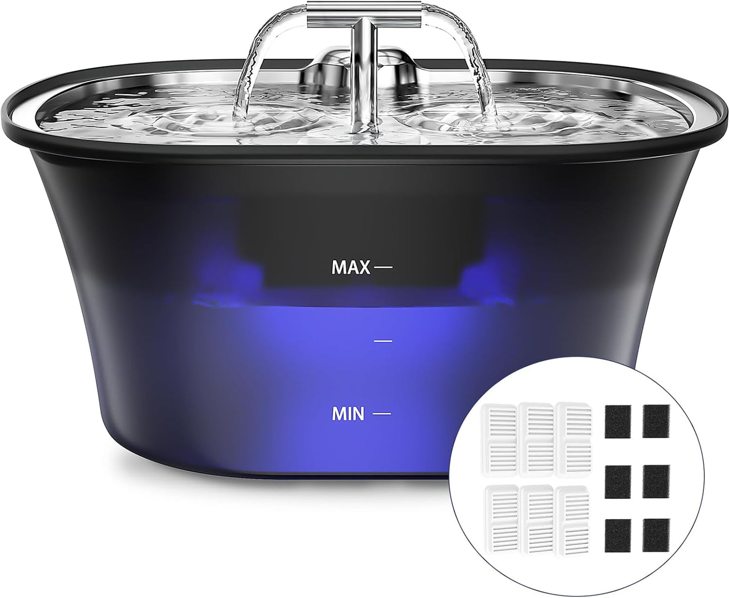 Cat Water Fountain for Drinking 2.5L/85oz with Dual Spouts – Automatic Cat Fountain, Ultra-Quiet Wired Pet Water Fountain with LED Light, Triple Filtration