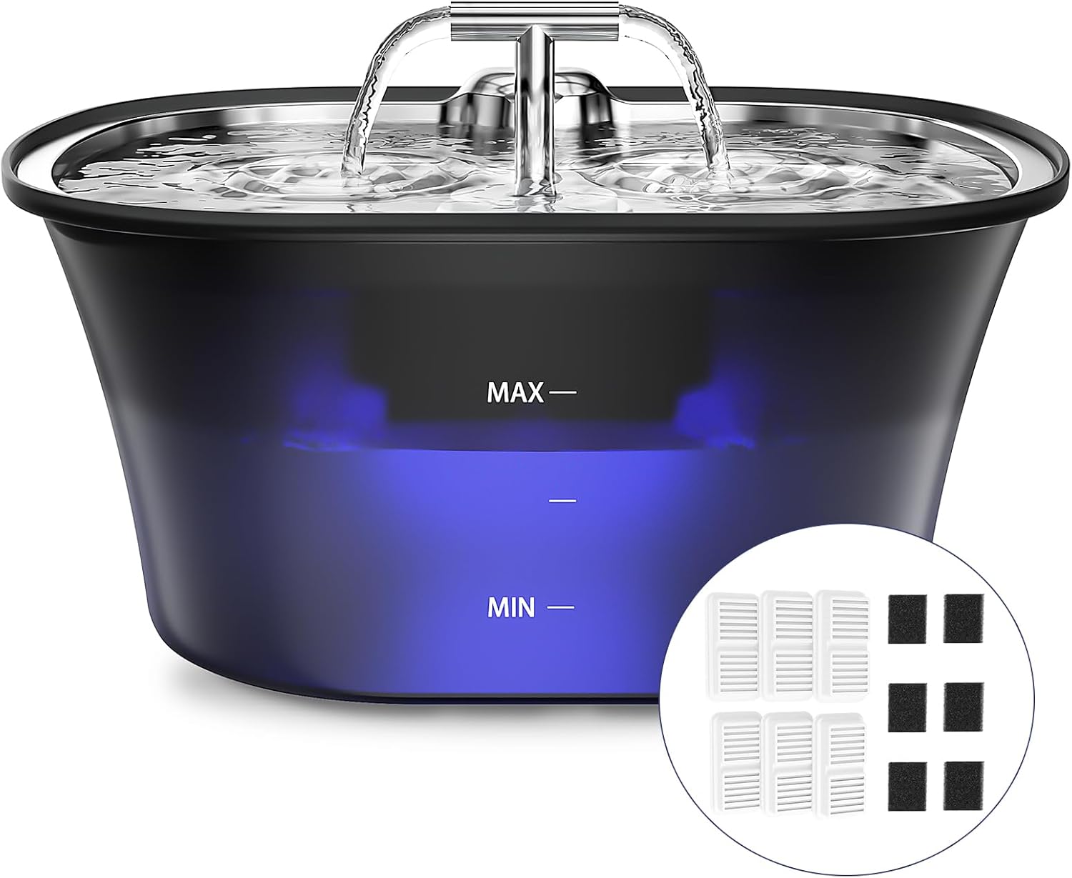 Cat Water Fountain for Drinking 2.5L/85oz with Dual Spouts – Automatic Cat Fountain, Ultra-Quiet Wired Pet Water Fountain with LED Light, Triple Filtration