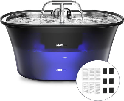 Cat Water Fountain for Drinking 2.5L/85oz with Dual Spouts – Automatic Cat Fountain, Ultra-Quiet Wired Pet Water Fountain with LED Light, Triple Filtration