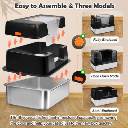 Stainless Steel Cat Litter Tray, High-Sided, Removable and Metal Enclosed Stainless Steel Cat Litter Box with Lid with Scoop, Steps and Mat (Black)