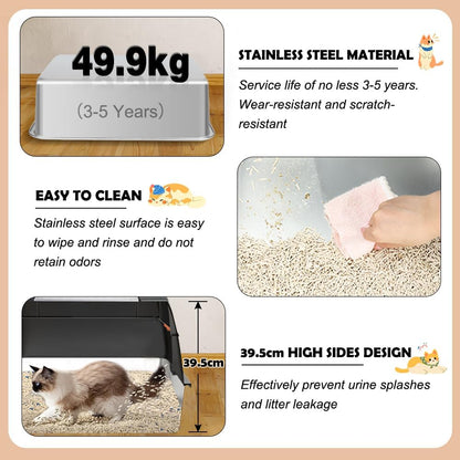 Stainless Steel Cat Litter Tray, High-Sided, Removable and Metal Enclosed Stainless Steel Cat Litter Box with Lid with Scoop, Steps and Mat (Black)