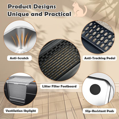 Stainless Steel Cat Litter Tray, High-Sided, Removable and Metal Enclosed Stainless Steel Cat Litter Box with Lid with Scoop, Steps and Mat (Black)