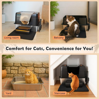 Stainless Steel Cat Litter Tray, High-Sided, Removable and Metal Enclosed Stainless Steel Cat Litter Box with Lid with Scoop, Steps and Mat (Black)