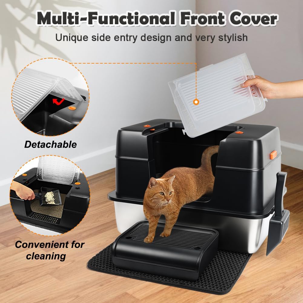 Stainless Steel Cat Litter Tray, High-Sided, Removable and Metal Enclosed Stainless Steel Cat Litter Box with Lid with Scoop, Steps and Mat (Black)