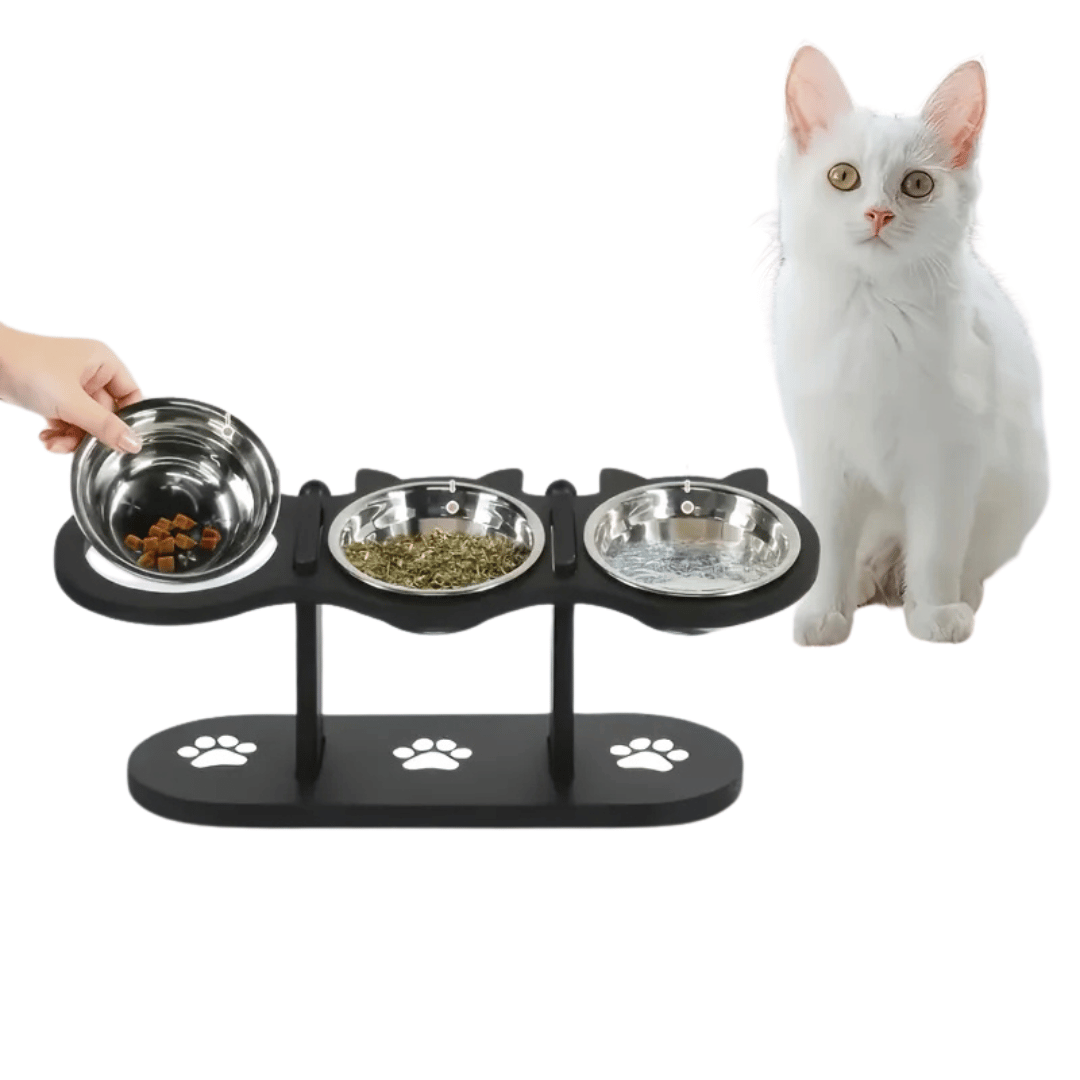 Elevated Cat Feeder with 3 Dish Stainless Steel Bowls