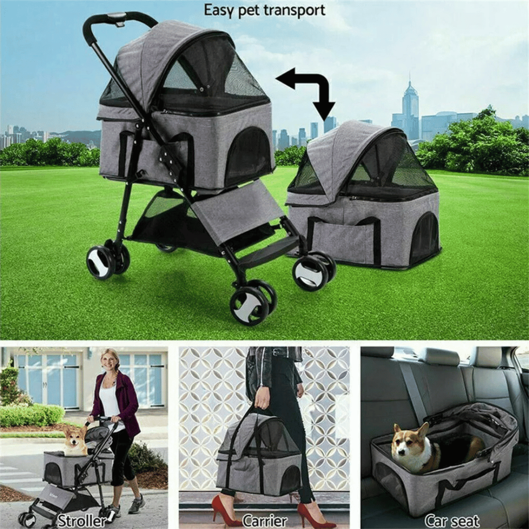 Portable Pet Stroller with Detachable Carrier and Car Seat