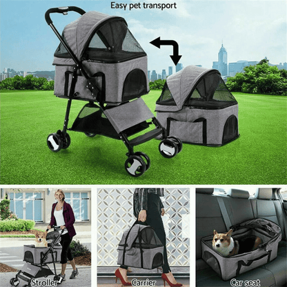 Portable Pet Stroller with Detachable Carrier and Car Seat