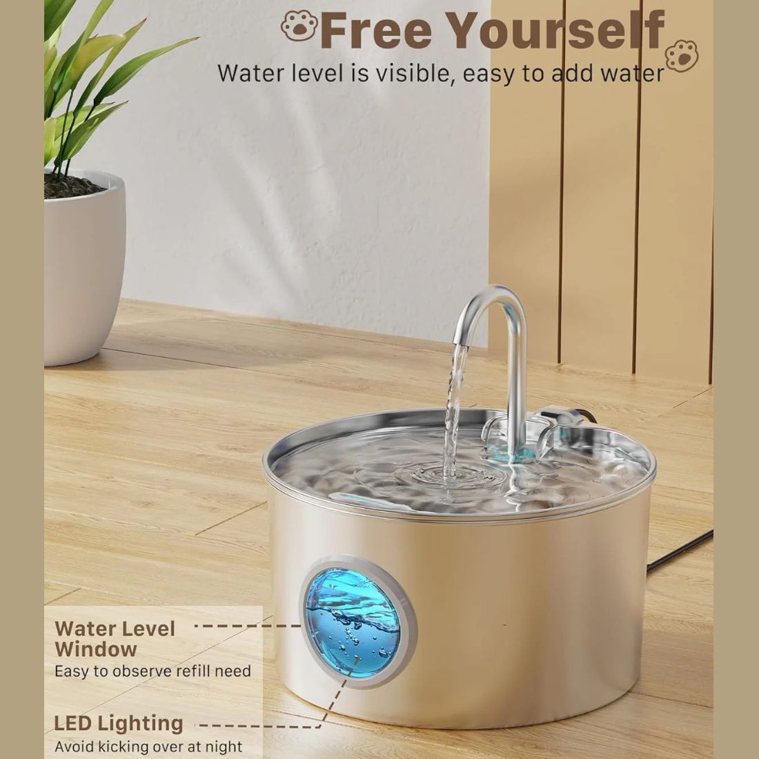 2.2L Stainless Steel Cat Water Fountain - Ultra-Quiet with Visible Water Level