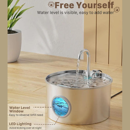 2.2L Stainless Steel Cat Water Fountain - Ultra-Quiet with Visible Water Level