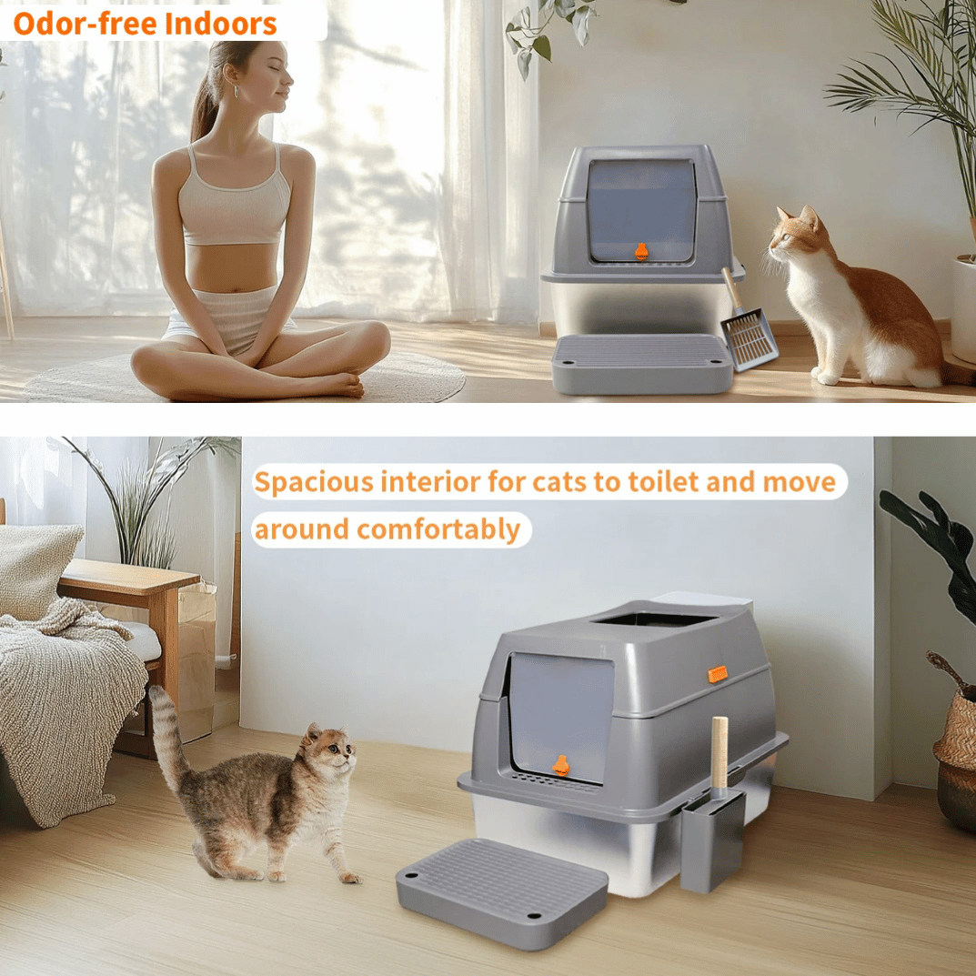 Large Covered Stainless Steel Cat Litter Box with Accessories