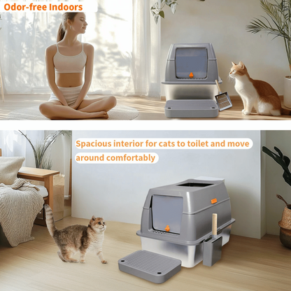 Large Covered Stainless Steel Cat Litter Box with Accessories