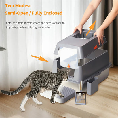 Large Covered Stainless Steel Cat Litter Box with Accessories