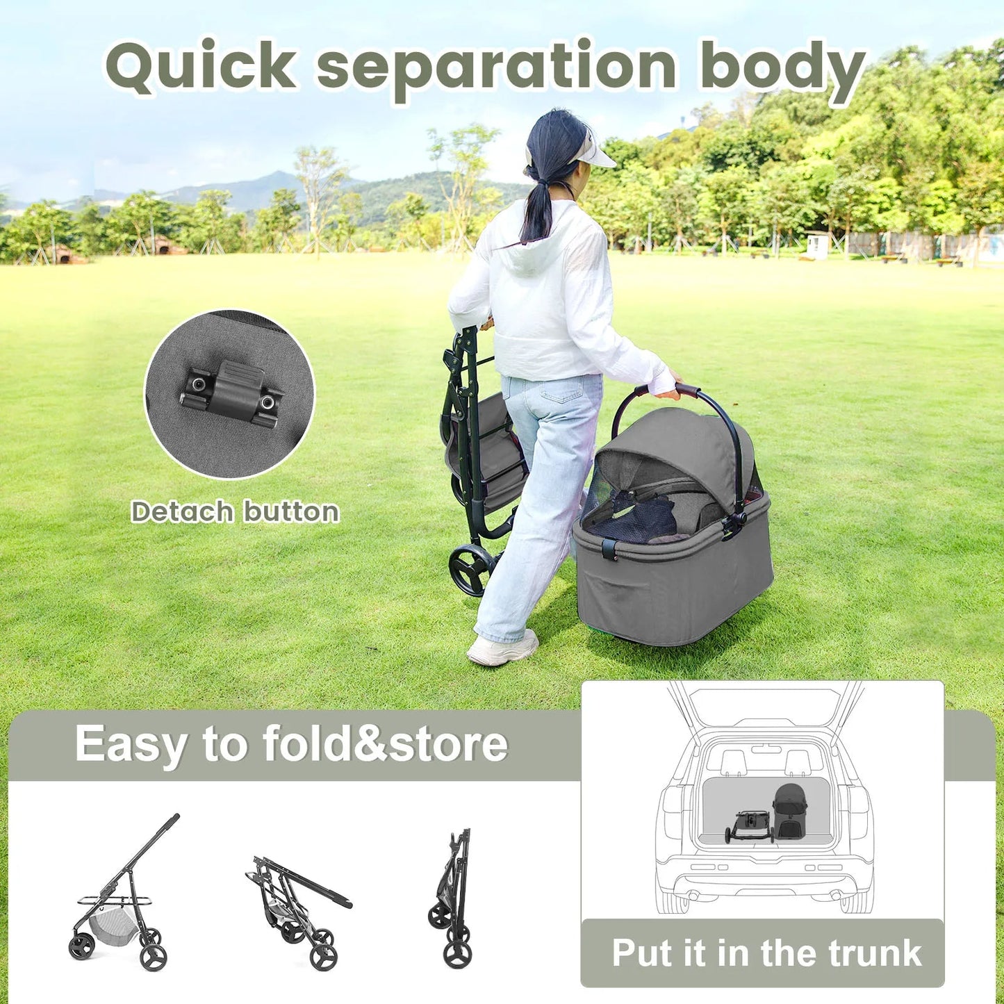Portable Pet Stroller with Removable Carrier Bag