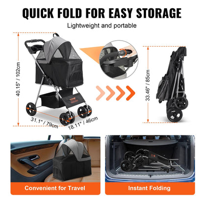 Portable Pet Stroller with Removable Storage Basket