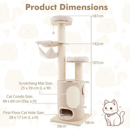 Large Cat Tower with Plush Perches and Hammock