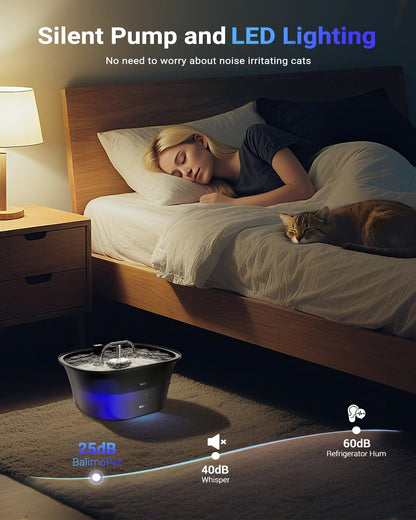 Cat Water Fountain for Drinking 2.5L/85oz with Dual Spouts – Automatic Cat Fountain, Ultra-Quiet Wired Pet Water Fountain with LED Light, Triple Filtration