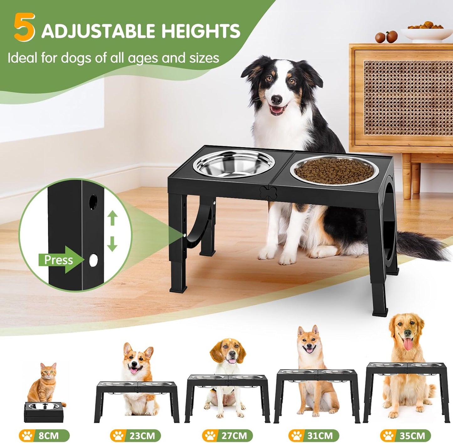 Raised Dog Bowls for Small Medium Large Dogs, 5 Height Adjustable Dog Bowl Stand to 8cm 23cm, 27cm, 31cm, 35cm, with 2 Stainless Steel Dog Food Bowl, Elevated Dog Bowls for Traveling