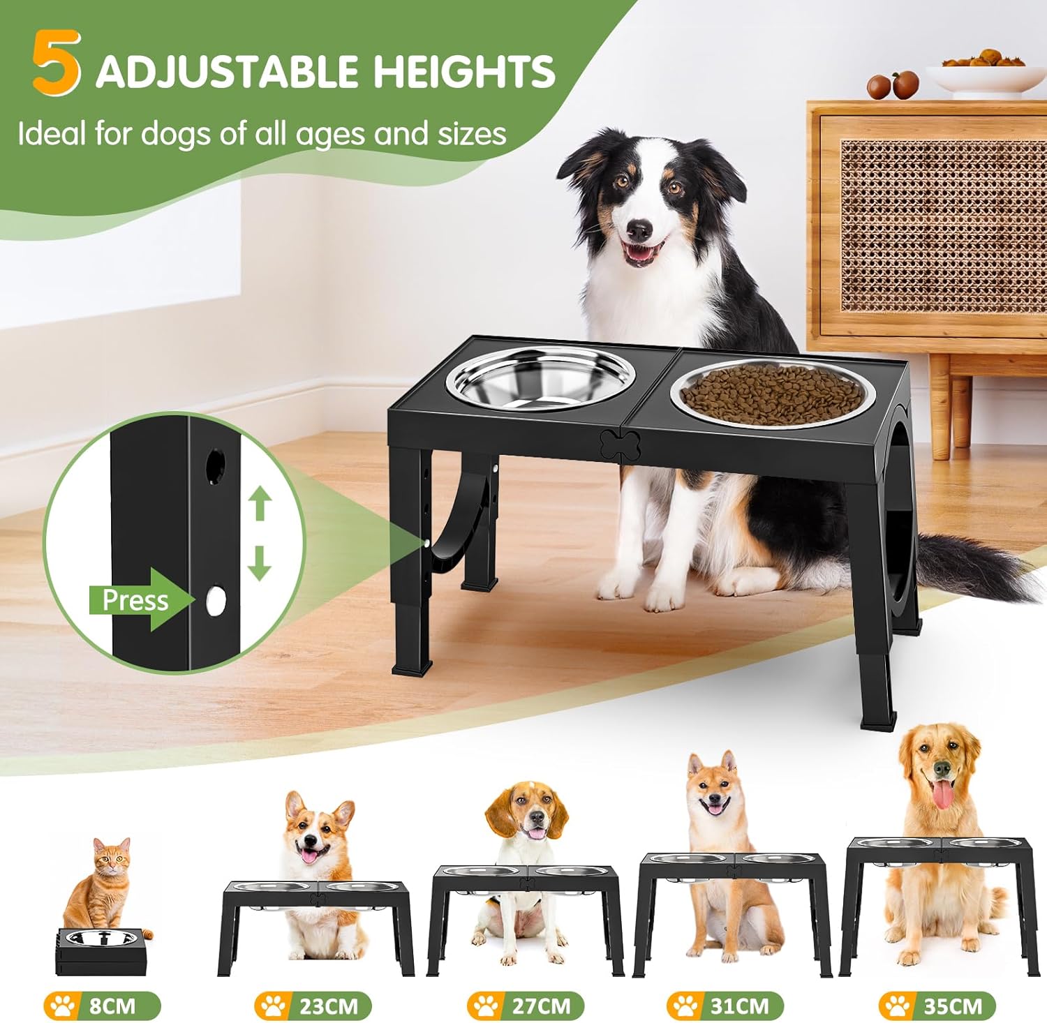 Raised Dog Bowls for Small Medium Large Dogs, 5 Height Adjustable Dog Bowl Stand to 8cm 23cm, 27cm, 31cm, 35cm, with 2 Stainless Steel Dog Food Bowl, Elevated Dog Bowls for Traveling