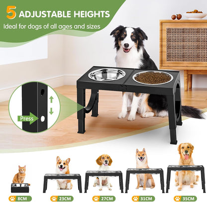 Raised Dog Bowls for Small Medium Large Dogs, 5 Height Adjustable Dog Bowl Stand to 8cm 23cm, 27cm, 31cm, 35cm, with 2 Stainless Steel Dog Food Bowl, Elevated Dog Bowls for Traveling