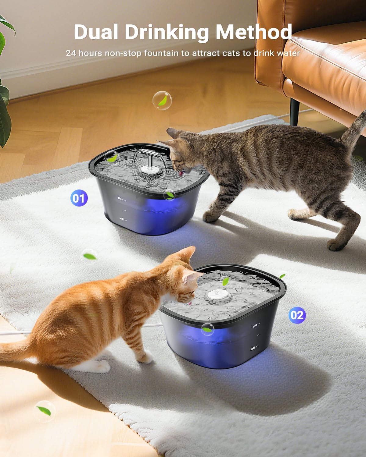 Cat Water Fountain for Drinking 2.5L/85oz with Dual Spouts – Automatic Cat Fountain, Ultra-Quiet Wired Pet Water Fountain with LED Light, Triple Filtration