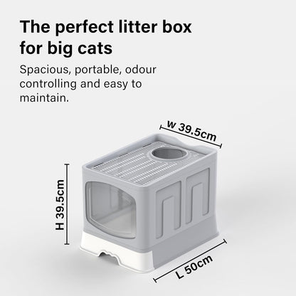 Large Cat Litter Box Litter Tray, Foldable Litter Box with Lid, Scoop, Flap Door, Slide-Out Tray for Easy Cleaning, Large Anti-Splashing Hooded Space Cat Litter Tray
