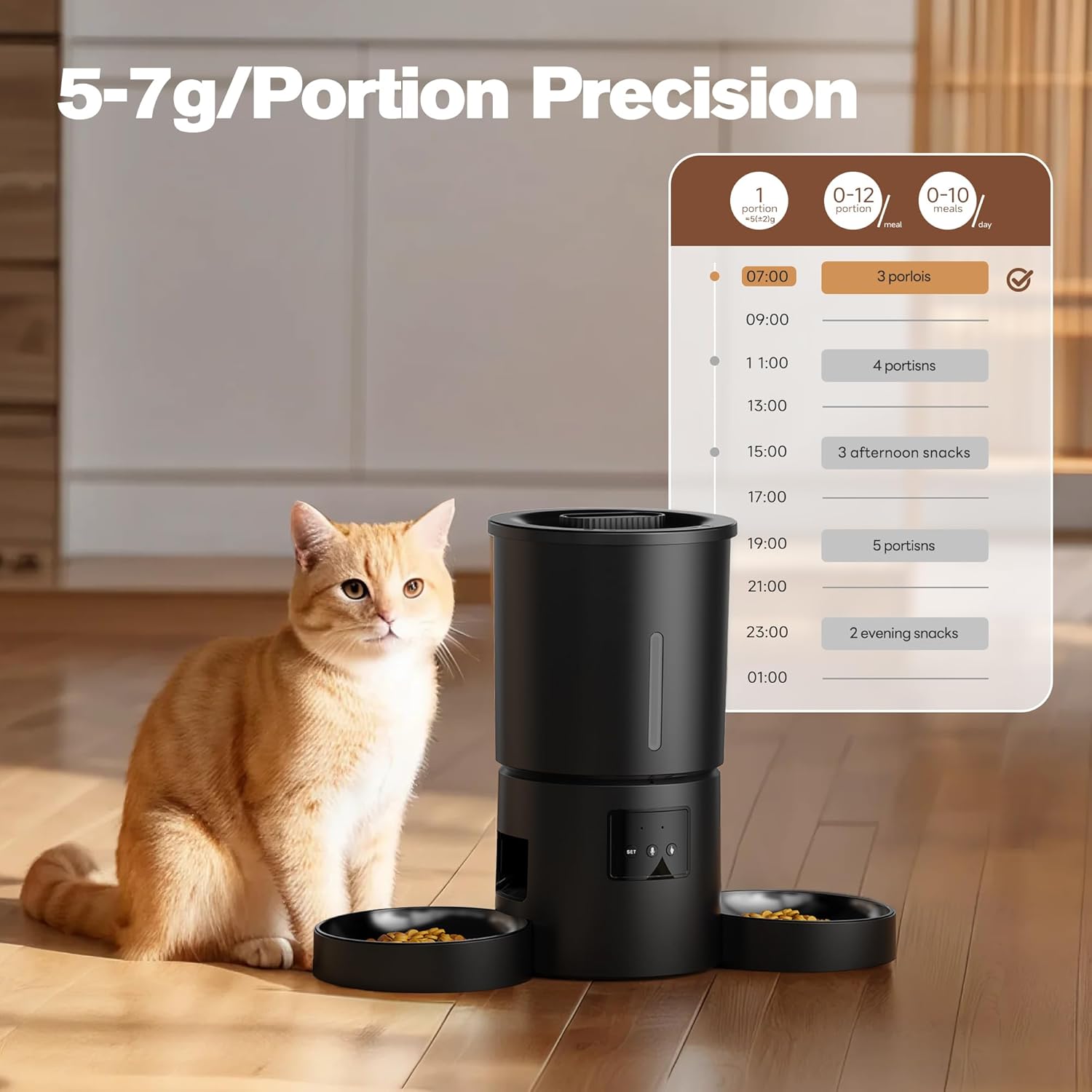 Automatic Cat Feeder with 2 Bowls: 5L Automatic Cat Feeder for 2 Cats with 2.4G WiFi & App Timer for Dry Food -  Dual Bowl Design for Mult Cats & Dogs - Black