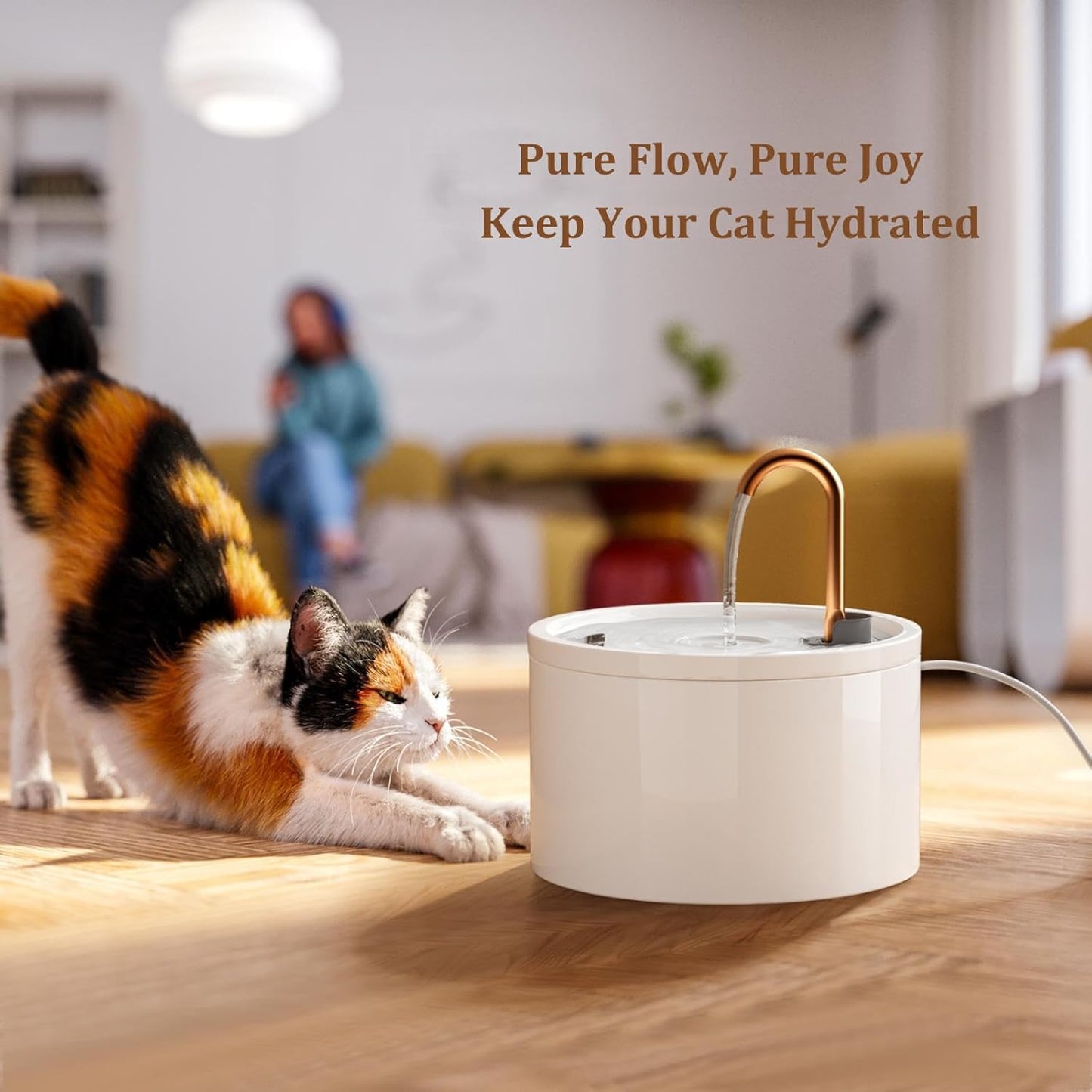 Ceramic Cat Fountain, Copper Spout 2.1L Cat Water Fountain for Drinking, Ultra Silent Water Dispenser for Pet, Triple Filtration System, Hygienic & Easy Clean, Stylish Design (White)