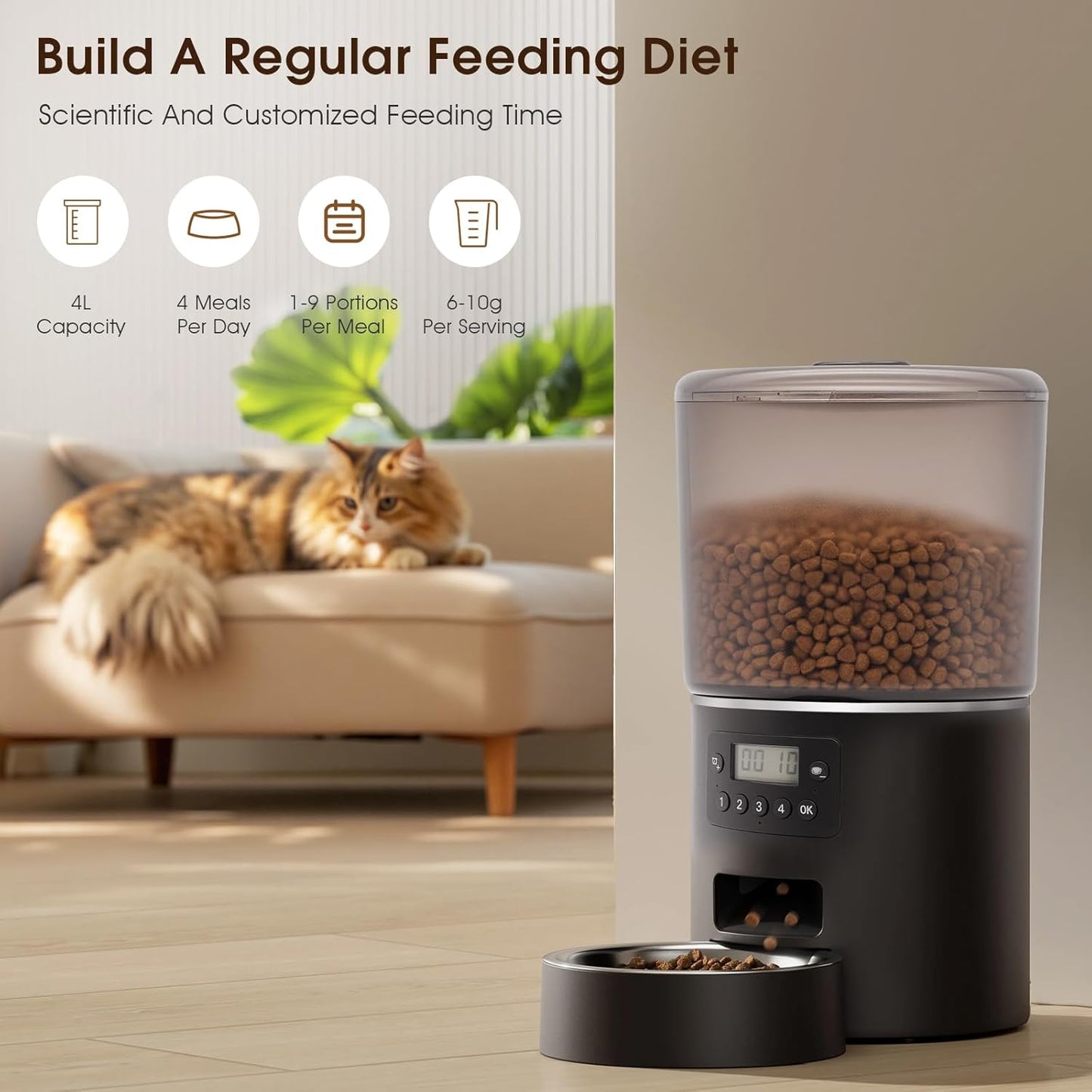Automatic Cat Feeder with Timer - 3-4L Large Capacity,Cat Food Dispenser,Programmable 4 Meals Daily,Precise Portion Control,Ideal for Cats and Pets
