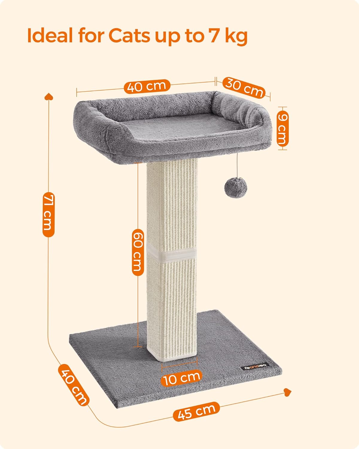 Cat Scratching Post, Cat Scratcher with 40 x 30 cm Plush Perch, Cat Tree, 71 cm Tall Scratch Post with Woven Sisal, 45 x 40 cm Base, Pompom, Light Grey