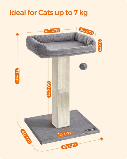 Cat Scratching Post, Cat Scratcher with 40 x 30 cm Plush Perch, Cat Tree, 71 cm Tall Scratch Post with Woven Sisal, 45 x 40 cm Base, Pompom, Light Grey